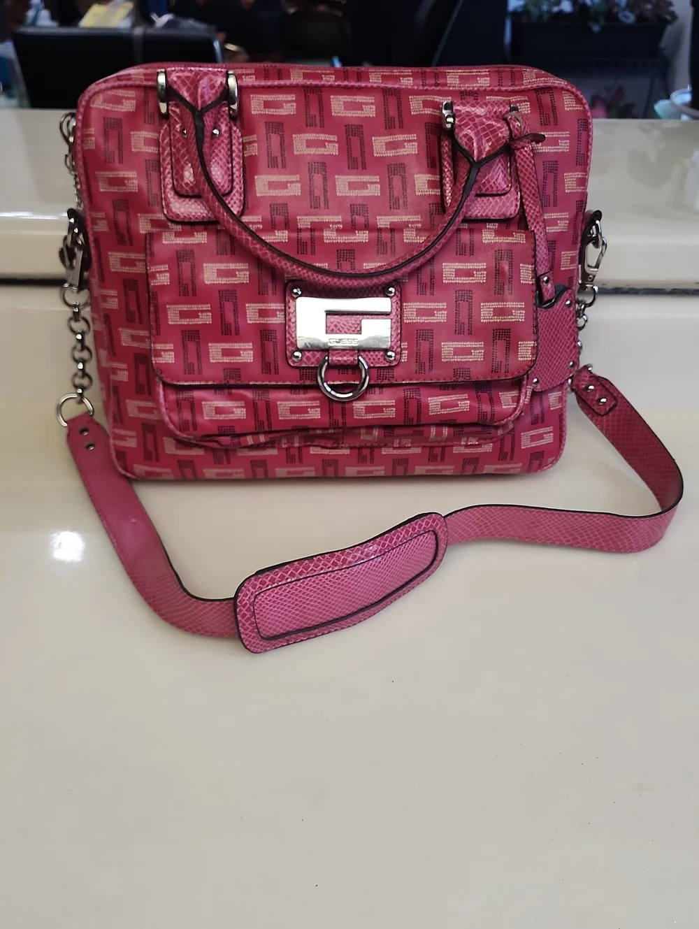 Guess Pink Logo-Print Satchel with Silver Hardware